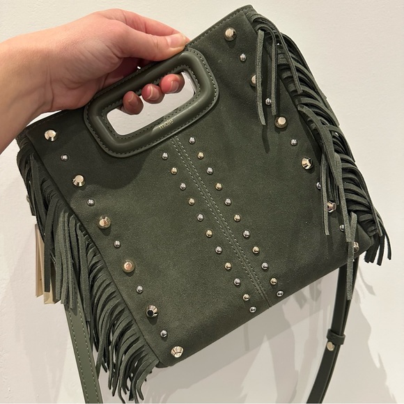 Maje Green Studded Fringed Suede M Bag - Picture 7 of 8